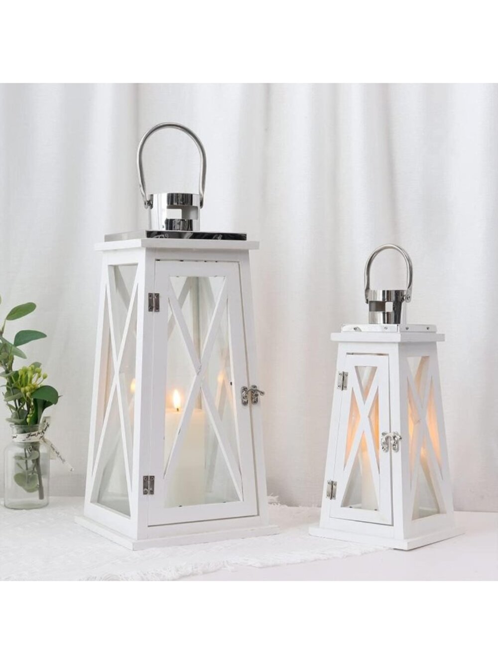 Set of 2 Rustic Farmhouse Candle Lanterns - Decorative Wood Holders for